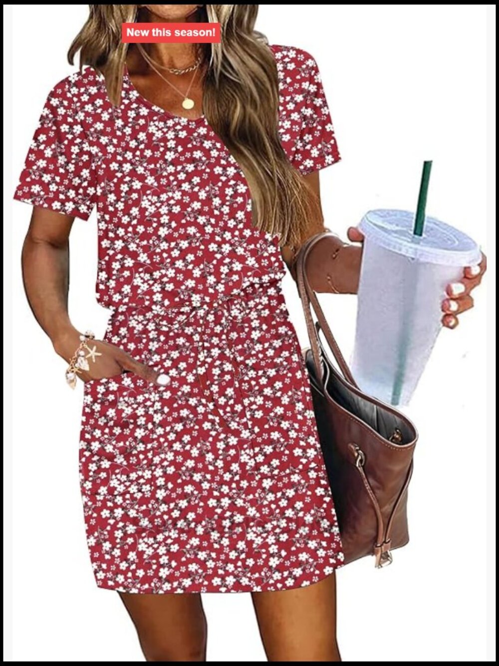 Women's Short Sleeve V-Neck Drawstring Waist Mini Dress with Pockets